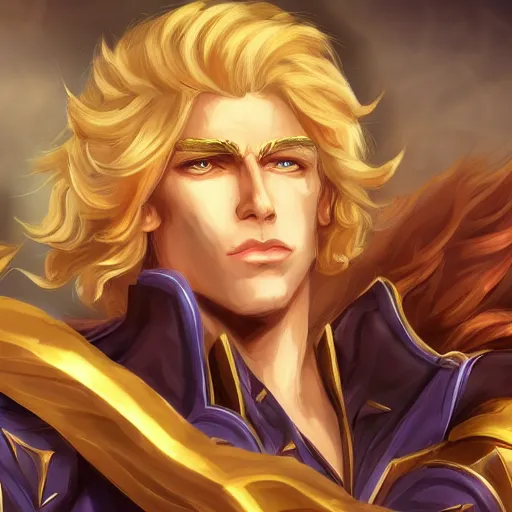 Prompt: Dio as a blond male demigod with beautiful long curly hair proclaiming victory over his subjects, grandiose royal palatial staging, official league of legends splash art, artstation HD