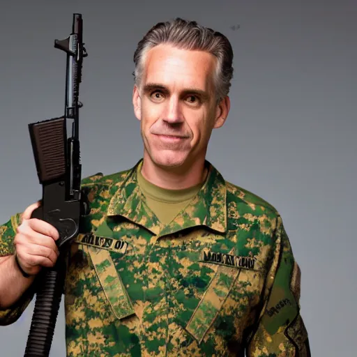 Image similar to jordan peterson holding an ak - 4 7 in military uniform, military photo, vietnam war