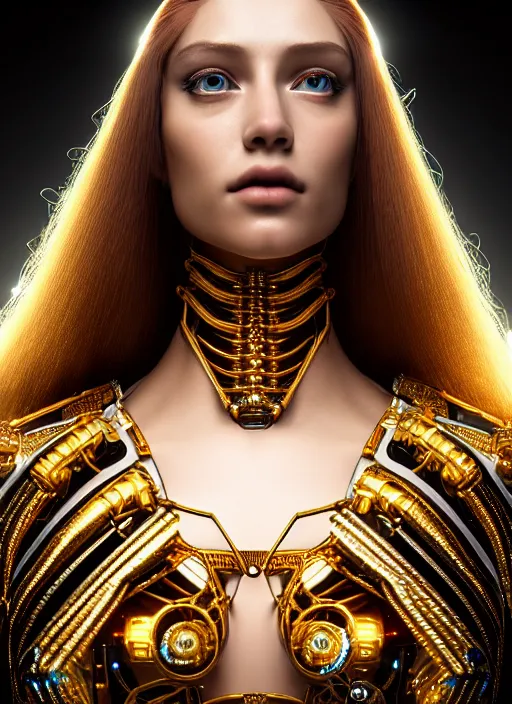 Image similar to a stunning young female cyborg made of gold, gemstones, diamonds, by pre - raphaelite brotherhood, unreal engine, glamor shot, nikon d 7 5 0, closeup, f / 2. 8, low contrast, 1 6 k, rim lighting, optical fiber, cinematic lighting, insanely detailed and intricate, hypermaximalist, elegant, ornate, hyper realistic,