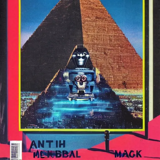 Prompt: 1983 Omni Magazine cover featuring airbrushed art of dramatic pyramids and robot masks, all centered over infinite cyber grid