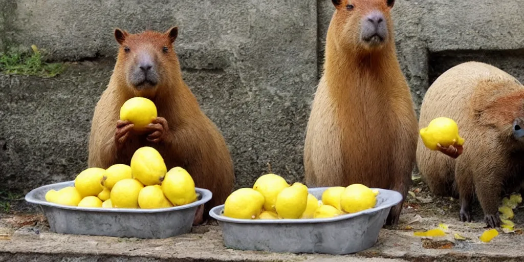 Image similar to capybara eating lemons, sitting in a tub of lemons, happy capybara