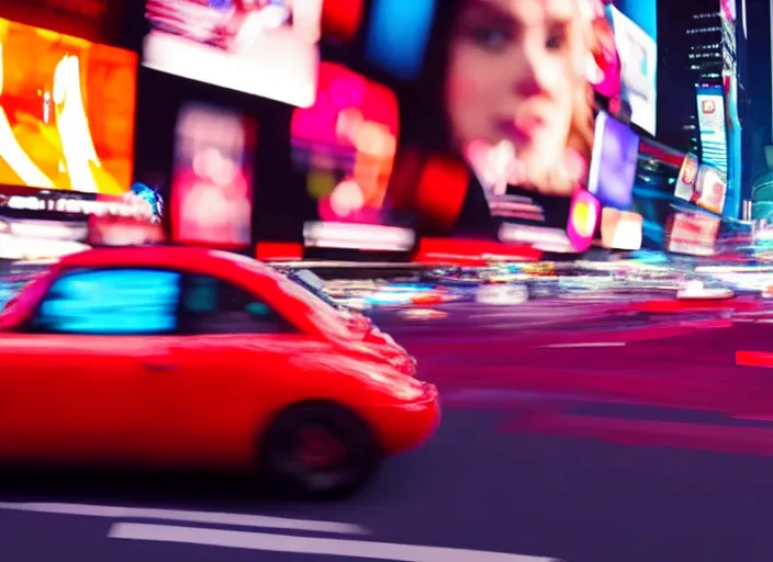 Image similar to film still of a giant ladybug driving a car through time square in a sci - fi movie, 8 k