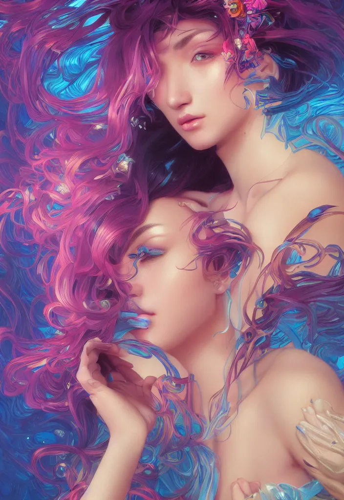 Image similar to beautiful, young woman, detailed gorgeous face, vaporwave aesthetic, synthwave, colorful, psychedelic, artstation, concept art, smooth, extremely sharp detail, finely tuned detail, ultra high definition, 8 k, unreal engine 5, ultra sharp focus, illustration, art by artgerm and greg rutkowski and alphonse mucha