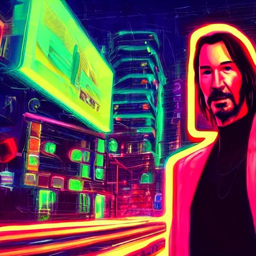 Prompt: portrait of Keanu Reeves on neon street in Cyberpunk city, synthwave, artstation art, night, professional light