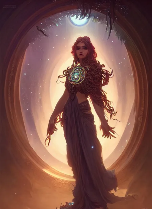 Image similar to a beautiful cinematic female druid goddess, galatic shamen with Quantum energy fantasy, fantasy magic, undercut hairstyle, dark light night, intricate, elegant, sharp focus, illustration, highly detailed, digital painting, concept art, matte, art by WLOP and Artgerm and Greg Rutkowski and Alphonse Mucha, masterpiece