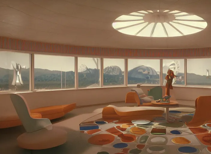 Prompt: a 1 9 7 0 s interior room googie architecture, highly detailed hyper real retro interior house, round windows, curved ceilings, retro futuristic, funky moon base interior lighting, artstation, octane, retro furniture, windows to city, television, retrocore, vray render 4 k by stanley kubrick, gerry anderson