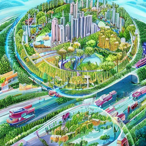 Prompt: City of the future in harmony with nature. Beautiful illustration.