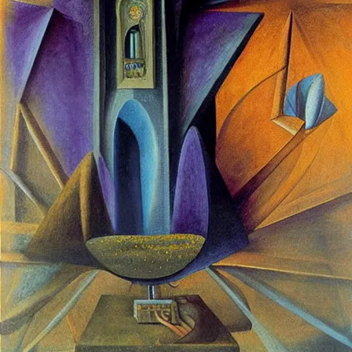 Prompt: an original painting by remedios varo, uses gold, airy, blue, orange and violet as colors