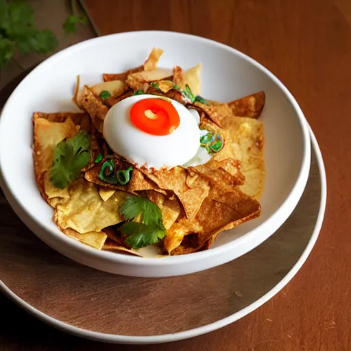 Image similar to Korean chilaquiles, food photography