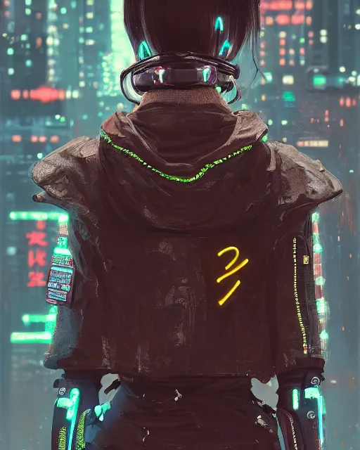 Prompt: detailed portrait neon guard girl with very short brown hair seen from the back, cyberpunk futuristic, reflective puffer jacket, black leggings, decorated with traditional japanese ornaments by ismail inceoglu dragan bibin hans thoma, perfect face, fine details, realistic shaded, fine - face, pretty face