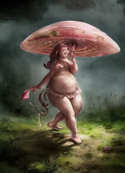 Image similar to A fat goblin princess with a tattered pink tutu, mushroom parasol watercolor, dramatic lighting, cinematic, establishing shot, extremely high detail, foto realistic, cinematic lighting, pen and ink, intricate line drawings, by Yoshitaka Amano, Ruan Jia, Kentaro Miura, Artgerm, post processed, concept art, artstation, matte painting, style by eddie mendoza, raphael lacoste, alex ross