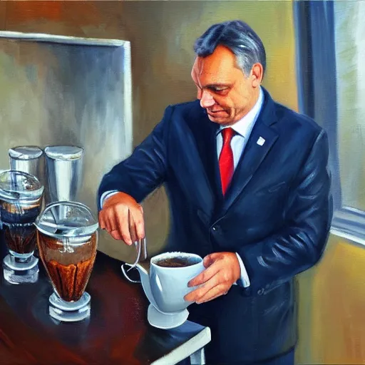 Image similar to viktor orban making v 6 0 coffee, oil painting