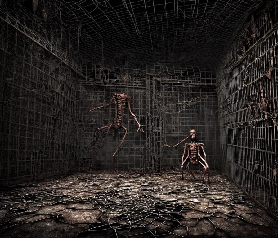 Image similar to creepy huge humanoid with long limbs sits on the floor. An underground very dark gloomy multi-layered structure of rusty thick iron grates, dense chain-link fencing and peeling walls. Inside view, collapsed floors, bent rusted iron, masterpiece, black background, corners, cinematic, hyperdetailed, photorealistic, hyperrealism, octane render, 8k, depth of field, bokeh, architecture, shadows, art by Zdzisław Beksiński, Arthur Rackham, Dariusz Zawadzki