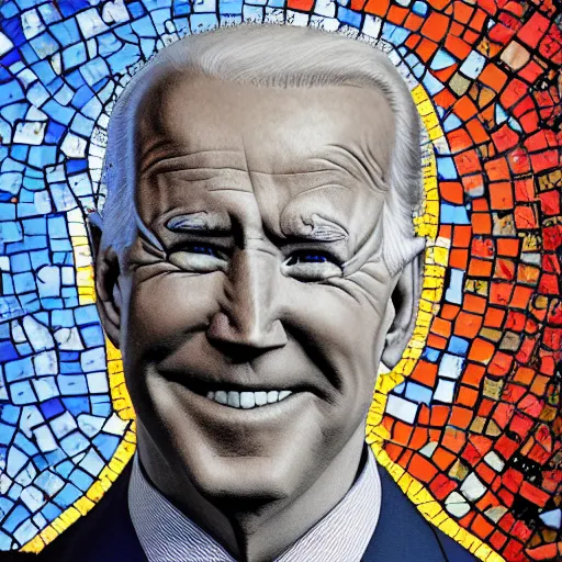 Image similar to portrait mosaic of joe biden with robot ears, 4k, intricate details, digital, sun in the background