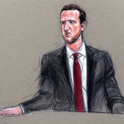 Image similar to courtroom sketch of mark zuckerburg being found guilty of crimes against humanity, courtroom sketch, pencil sketch