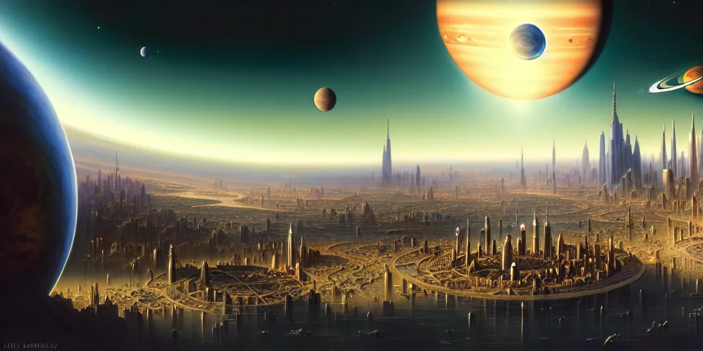 Prompt: planetary city, 2 biggest planets on the horizon of different sizes, intricate, highly detailed, photorealistic, digital painting, artstation, illustration, concept art, smooth, sharp focus, by ansel adams, bernardo bellotto, john collier, albert aublet and krenz cushart