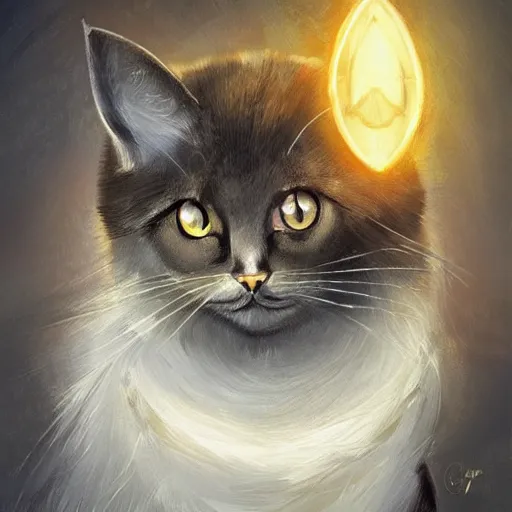 Prompt: a cat with a halo, highly detailed, fantasy, concept art, large yellow eyes, smooth art, illustration; background of florals, nature; sharp focus, artstation, digital art, art by clara mcallister,