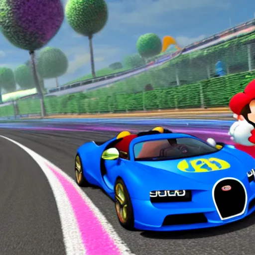 Prompt: super mario driving a bugatti chiron in mario kart 8, screenshot