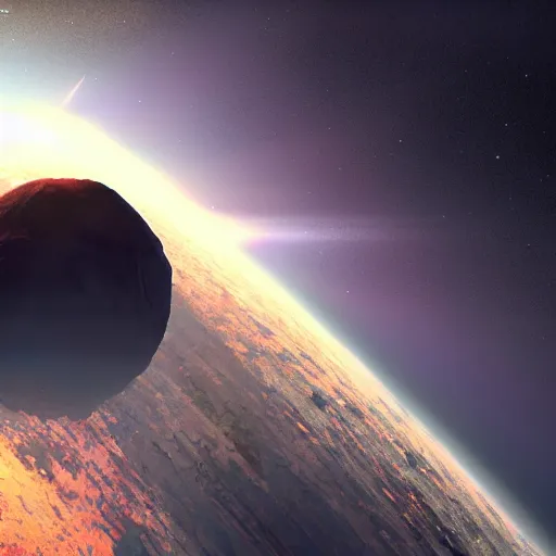Prompt: a beautiful painting of a giant asteroid, by john harris, mark rothko, rendered in unreal engine, trending on artstation, epic scale fisheye view, deviantart, cyberpunk, 4 k