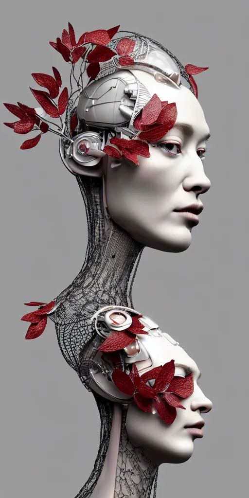 Prompt: complex 3d render ultra detailed of one single beautiful porcelain profile woman face, mechanical cyborg, 150 mm, accent lighting, beautiful studio soft light, rim light, silver gold red details, luxurious, magnolia big filigran ultra detailed leaves and stems, roots, Alexander Mcqueen haute couture, fine foliage lace, mesh wire, filigran intricate details, hyperrealistic, mandelbrot fractal, anatomical, silver metal armor, facial muscles, cable wires, microchip, elegant, white background, beautiful white teeth, beautiful lips, octane render, H.R. Giger style, 8k