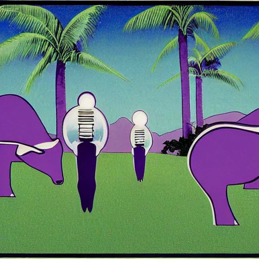 Prompt: ufo and aliens beaming up abducting cows along coast line pastures, summer night and palm trees. by patrick nagel, by norman rockwell, by virgil finlay minimalist lighting, precisionist, 1 0 0 0 0 mm. purple and green gammas.