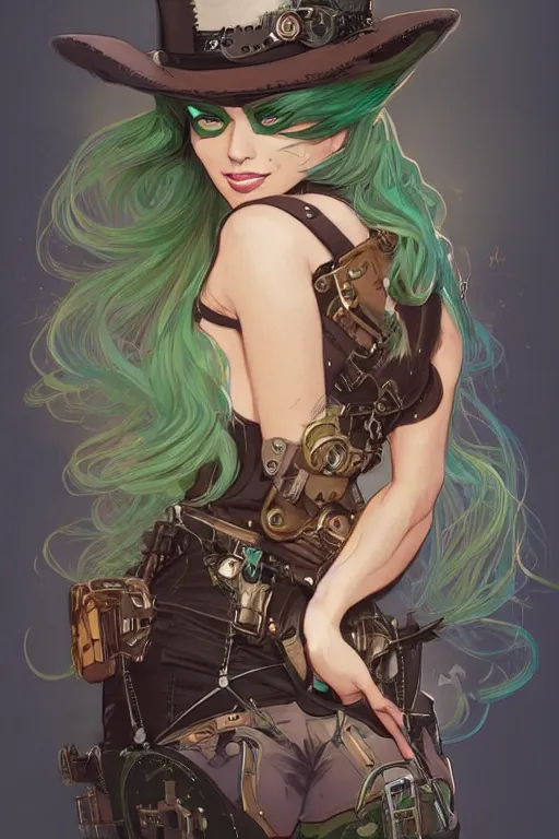 Image similar to beautiful woman with green hair as steampunk partial - cyborg, western gunslinger, smooth, sharp focus, illustration, highly detailed, digital painting, artstation, concept art, by disney animation, rossdraws, alphonse mucha, frank fanzzeta, collectible card art