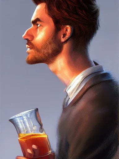 Image similar to a young handsome guy, drinking shopp. intricate, elegant, highly detailed, digital painting, artstation, concept art, sharp focus, illustration, by justin gerard and artgerm, 8 k