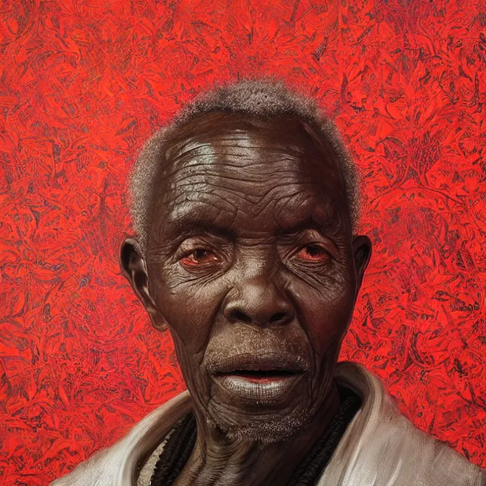 Image similar to a painting of a wise elder from Kenya by Kehinde Wiley . dramatic angle, ethereal lights, details, smooth, sharp focus, illustration, realistic, cinematic, artstation, award winning, rgb , unreal engine, octane render, cinematic light, macro, depth of field, blur, red light and clouds from the back, highly detailed epic cinematic concept art CG render made in Maya, Blender and Photoshop, octane render, excellent composition, dynamic dramatic cinematic lighting, aesthetic, very inspirational, arthouse.