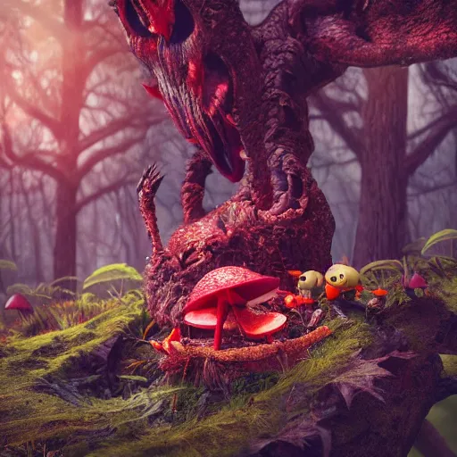 Image similar to a nature photo of a cute fury monster eating bugs for lunch while sitting on a red mushroom in the fantasy forest, extremely detailed, wide shot, sharp and detailed, Octane render