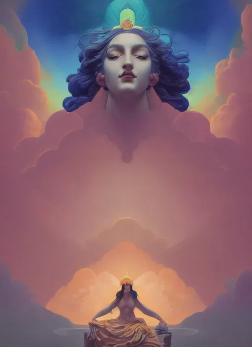 Image similar to goddess of clouds and mountains, concept art, symmetrical, trending on artstation vivid color, complementary color, golden ratio, detailed, sharp lines, intricate, rainbowshift by andrei riabovitchev, by peter mohrbacher, by gustave dore, by maxfield parrish, by alphonse mucha, deviantart, octane render