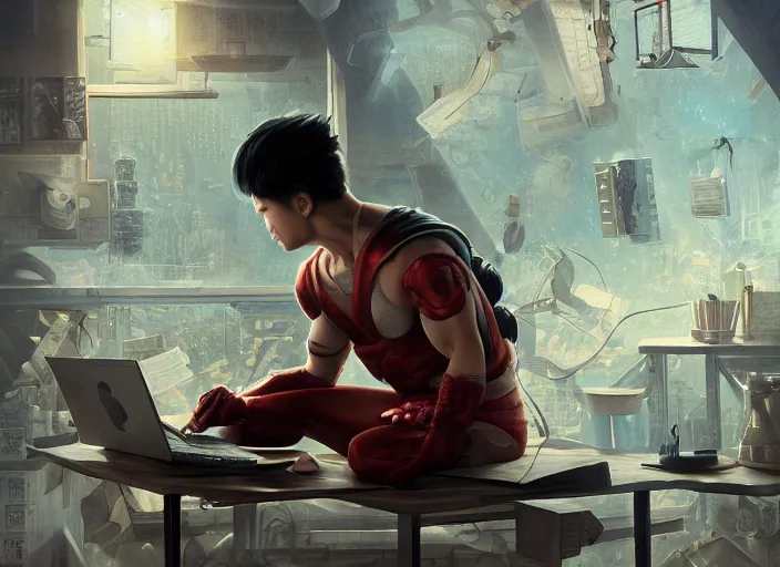 Image similar to an insanely detailed painting of an asian man wearing a homemade superhero costume, sitting at a desk, staring seriously at the computer and typing, in the style of peter mohrbacher, james jean, artgerm, dramatic lighting and composition, surreal background, octane render, pixar, trending on artstation, concept art, comic book, view from behind, 8 k