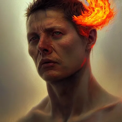 Image similar to a hyper - realistic character concept art portrait of a man on fire, depth of field background, artstation, award - winning realistic sci - fi concept art by jim burns and greg rutkowski, beksinski, a realism masterpiece, flesh - tone color palette, james gilleard, bruegel, alphonse mucha, and yoshitaka amano.