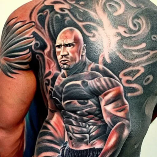 Image similar to tattoo of anime dwayne the rock Johnson on arm back