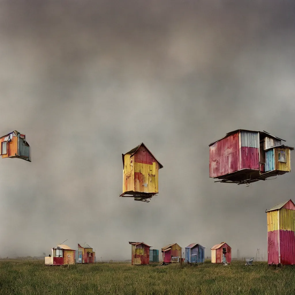 Image similar to two towers, made up of colourful stacked makeshift squatter shacks, bleached colours, plain uniform sky at the back, misty, mamiya, f 1. 8, ultra sharp, very detailed, photographed by julie blackmon