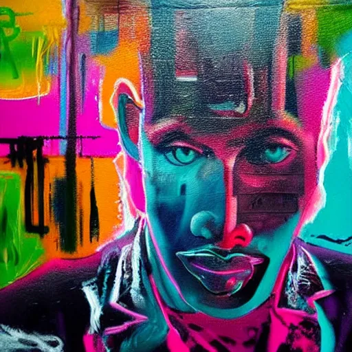 Image similar to rain like a dream, oil painting, cyberpunk, basquiat + francis bacon, elevated street art, fantasy lut, pink, blue, purple, green,