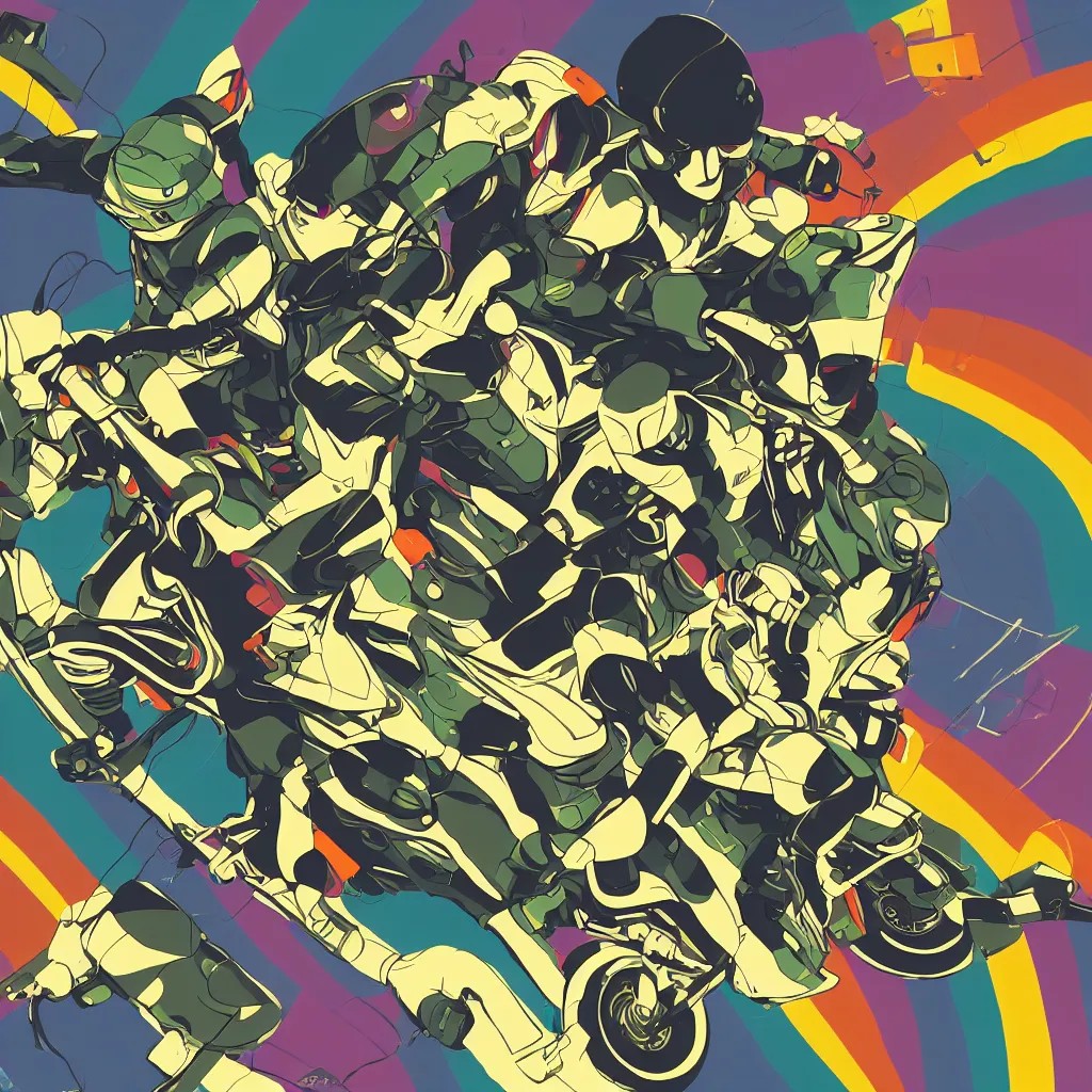 Image similar to people wearing helmets, ryuta ueda artwork, jet set radio artwork, stripes, gloom, space, cel - shaded art style, broken rainbow, data, minimal, speakers, code, cybernetic, dark, eerie, cyber