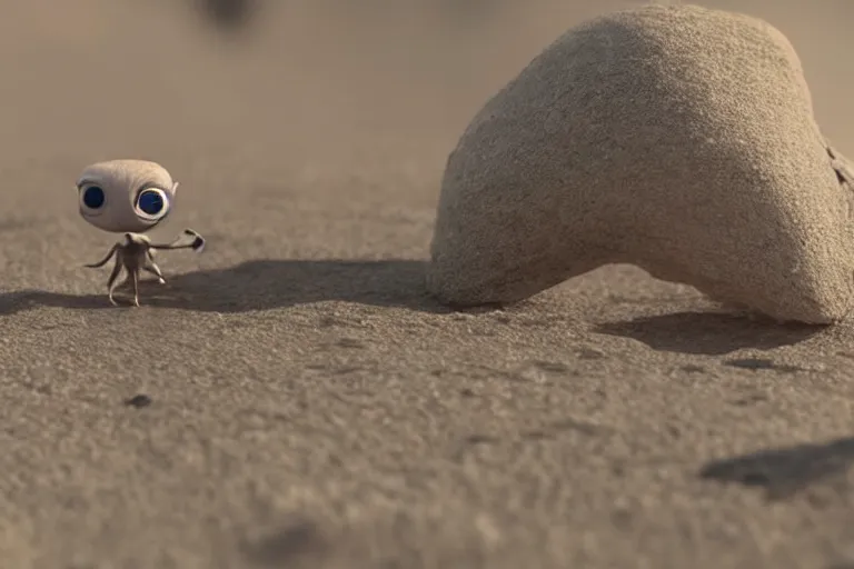 Image similar to vfx movie scene closeup adorable curios tiny little alien creature in moon desert eating a rock. by emmanuel lubezki