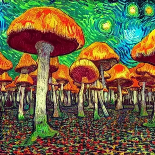 Prompt: psychedelic forest with small people on swings hanging from giant mushrooms, van Gogh