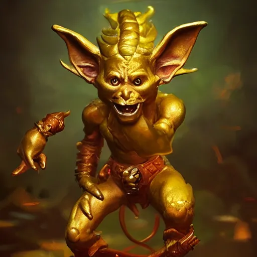 Prompt: Lucky Golden Goblin statue, bright art masterpiece artstation. 8k, sharp high quality artwork in style of Jose Daniel Cabrera Pena and Greg Rutkowski, golden theme, concept art by Tooth Wu, hearthstone card game artwork