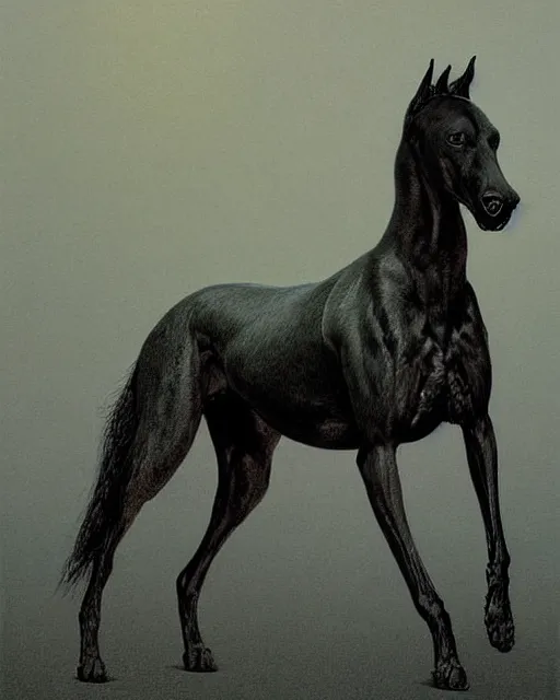 Image similar to painting of hybrid between black weimaraner & black stallion horse! & intercrossed animal, by zdzislaw beksinski, by mattias adolfsson,, cold hue's, warm tone gradient background, concept art, single object scene, beautiful composition, digital painting