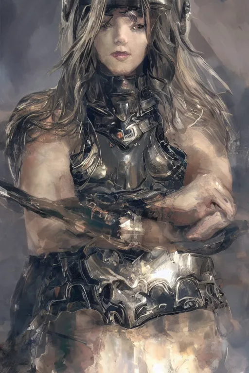 Image similar to a photorealistic painting of an attractive young girl, partially clothed in battle armor, olive skin, long dark hair, beautiful bone structure, symmetrical face, perfect eyes, intricate, elegant, digital painting, concept art, illustration, sharp focus, minimal artifacts, from Metal Gear, in the style of Ruan Jia and Mandy Jurgens, by Greg Rutkowski, trending on Artstation, award winning