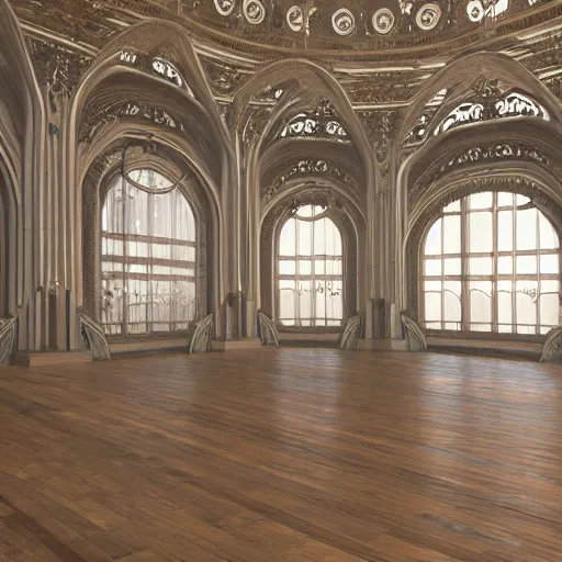 Prompt: art nouveau, interior, big open floor, 3 d v - ray, 8 k