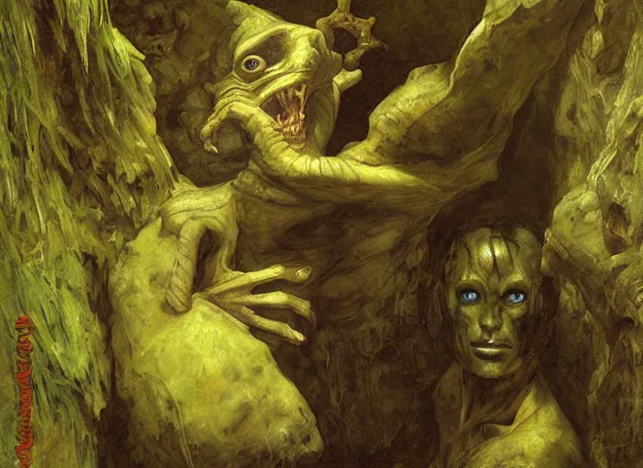 Prompt: underground cavern. troglodyte humanoid lizard - lik green skinned creature blends into the shadows of the passage, its eyes glowing. edgar maxence and caravaggio and michael whelan and delacroix style, artistic, intricate painting, cinematic lighting, hyper realistic, extremely detailed, vivid colors, establishing shot, dramatic lighting.