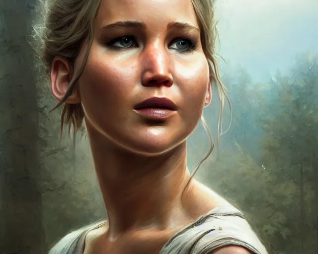 Image similar to highly detailed portrait of jennifer lawrence, in the walking dead, stephen bliss, unreal engine, fantasy art by greg rutkowski, loish, rhads, ferdinand knab, makoto shinkai and lois van baarle, ilya kuvshinov, rossdraws, tom bagshaw, global illumination, radiant light, detailed and intricate environment