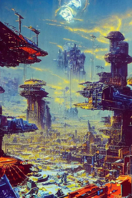 Image similar to a cyberpunk city in an frozen landscape, cosmic sky puffy clouds, sci - fi vivid by bruce pennington
