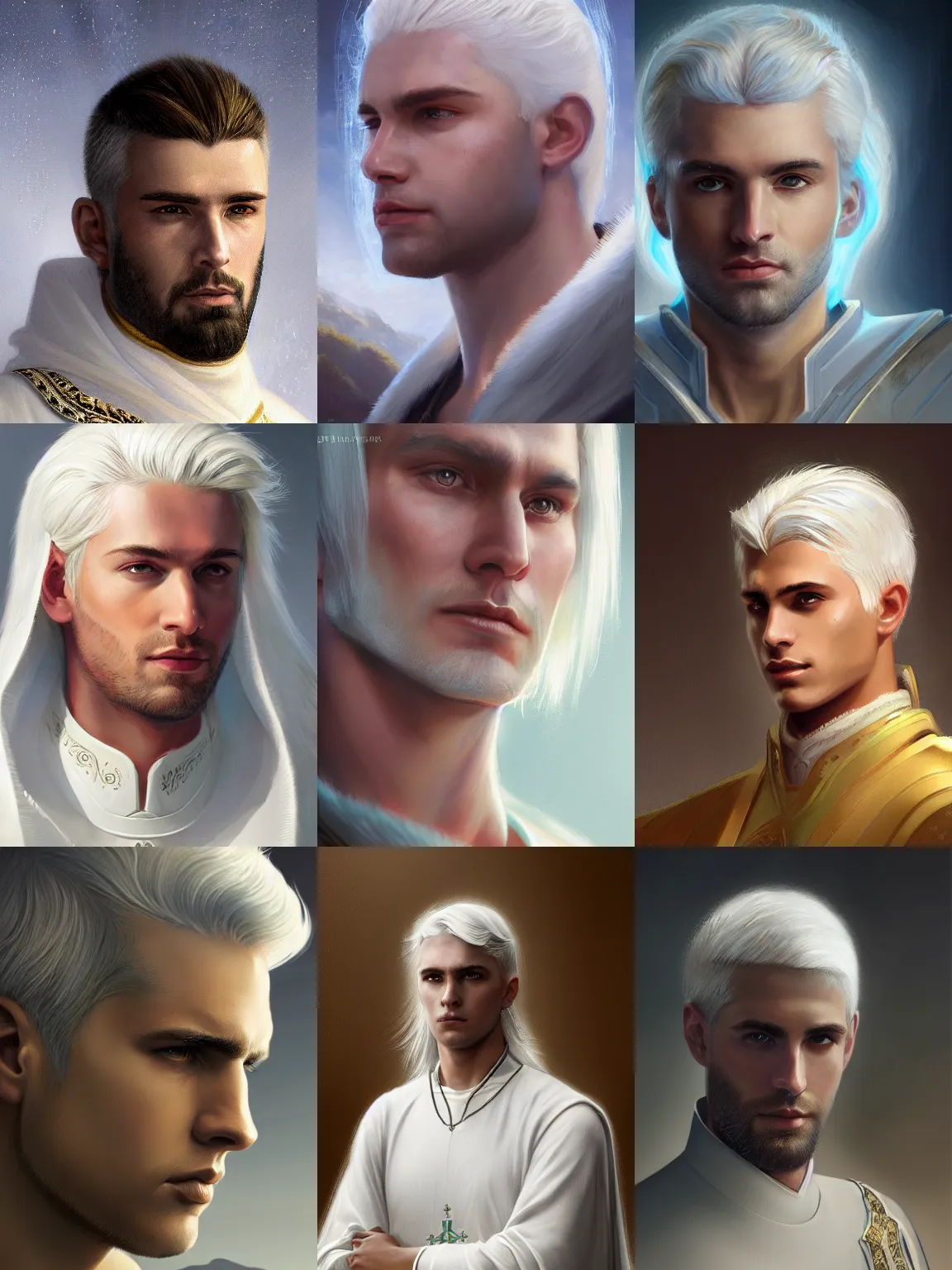 Prompt: closeup portrait of a young clean-shaven beautiful calm and pious male aasimar paladin with white hair a halo above his head wearing white vestments under armor, pensive and hopeful expression, by Greg Rutkowski, intricate, masterpiece, sharp, digital art, 8k