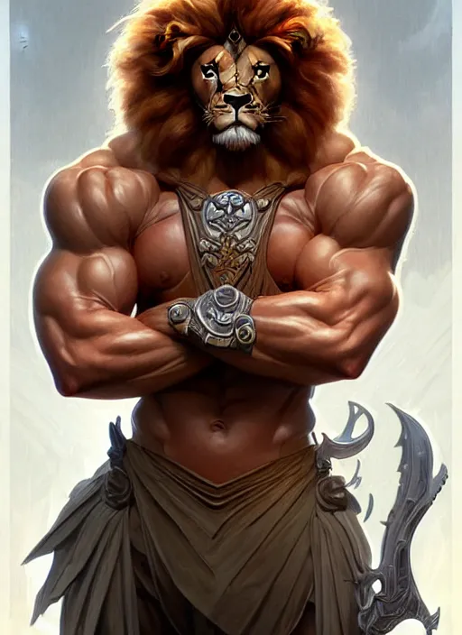 Image similar to symmetry! portrait of lion - o, d & d, muscular! fantasy, intricate, elegant, highly detailed, digital painting, artstation, concept art, smooth, sharp focus, illustration, art by artgerm and greg rutkowski and alphonse mucha