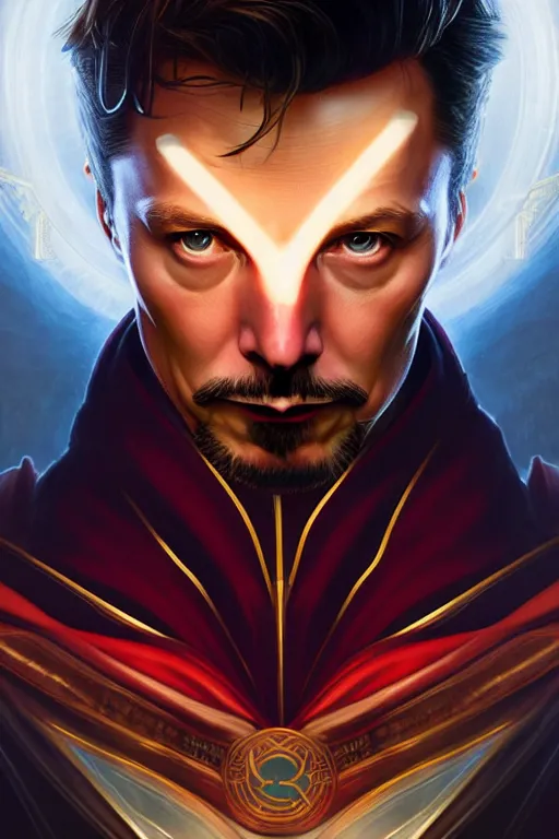 Image similar to elon musk as dr strange, realistic portrait, symmetrical, highly detailed, digital painting, artstation, concept art, smooth, sharp focus, illustration, cinematic lighting, art by artgerm and greg rutkowski and alphonse mucha