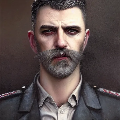 Image similar to portrait of a greying pale vampire police officer with short hair and a patchy beard, close up, grimy streets in the backdrop, highly detailed, sharp focus, art by tom bagshaw and manuel sanjulian