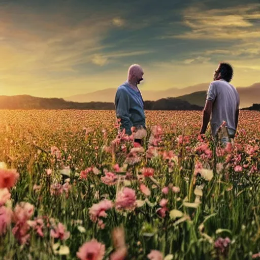 Prompt: a man is white and balding, and middle aged, and the other man is latino and skinny, together in a field of flowers at sunset, realistic, intricate, 4k